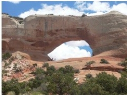 <strong>76)What type of feature is shown in this photograph? There is NOT a stream flowing through the feature or associated with its formation.  </strong> A)meteorite impact B)crescent dune C)natural arch D)natural bridge E)none of these <div style=padding-top: 35px> 