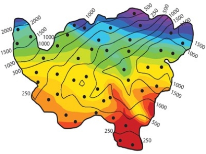 2) In classifying the climate of this imaginary country, the wettest and coolest areas are in the ______. The colors represent temperatures (warmest is red, coolest is purple) , and the contour lines represent average precipitation in millimeters.   A) southwest. B) northeast. C) southeast. D) northwest.