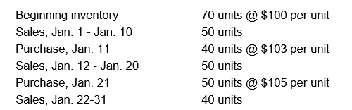 Use the following inventory related information for Questions below: Matt's Sporting Goods had the following inventory records for the month of January.    -Assuming the last in first out (LIFO)  method is used, what is Matt's Cost of Goods Sold for the month of January? A)  $14,320 B)  $14,280 C)  $14,270 D)  $14,300
