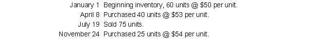 The following are 2019 inventory data for Chavez Company, which uses a perpetual inventory system.     Ending inventory at December 31 is 50 units. Compute the cost of the ending inventory using the following methods: a. First-in, first-out b. Weighted-average c. Last-in, first-out