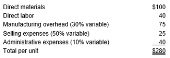Black Horse Corporation manufactures a product with the following full unit costs at a volume of 2,000 units:   A company recently approached Black Horse's management with an offer to purchase 225 units for $275 each. Black Horse currently sells the product to dealers for $400 each. Black Horse's capacity is sufficient to produce the extra 225 units. No selling expenses would be incurred on the special order. If Black Horse's management accepts the offer, profits will: A)  Decrease by $60,000 B)  Increase by $33,400 C)  Increase by $24,412.50 D)  Decrease by $24,412.50