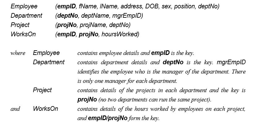 The following tables form part of a database held in a Relational Database Management System:     (a) (1) List all employees in alphabetical order of surname and within surname, first name. (2) List all the details of employees who are female. (3) List the names and addresses of all employees who are Managers. (4) Produce a list of the names and addresses of all employees who work for the 'IT' department. (5) Produce a complete list of all managers who are due to retire this year, in alphabetical order of surname. (6) Find out how many employees are managed by 'James Adams'. (7) Produce a report of the total hours worked by each employee, arranged in order of department number and within department, alphabetically by employee surname. (8) For each project on which more than two employees worked, list the project number, project name and the number of employees who work on that project. (9) List the total number of employees in each department for those departments with more than 10 employees. Create an appropriate heading for the columns of the results table. (b) Create a view of employee details for all employees who work on project 'MIS Development', excluding department number.