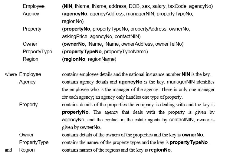 Case Study 1 - Real Estate Agency A large real estate agency has decided to distribute its project management information at the regional level. A part of the current centralized relational schema is as follows:     Agencies are grouped regionally as follows:  Region 1: North; Region 2: South; Region 3: East; Region 4: West   Information is required by property type, which covers: Domestic, Industrial, and Letting. There are no Industrial properties in the South and all Letting properties are in the West of Scotland. Properties are handled by the local estate agents office. As well as distributing the data on a regional basis, there is an additional requirement to access the employee data either by personal information (by Personnel) or by salary-related information (by Payroll). -(a) Draw an Entity-Relationship Diagram for the above case study. (b) Using this diagram from (a) above, produce a distributed database design for the system that satisfies the correctness rules for fragmentation and include:  (i) a suitable fragmentation schema for the system;  (ii) in the case of primary horizontal fragmentation, give a minimal set of predicates; (iii) the reconstruction of global relations from fragments.  Give a full explanation of the reasoning behind each step and state any assumptions necessary to support your design.