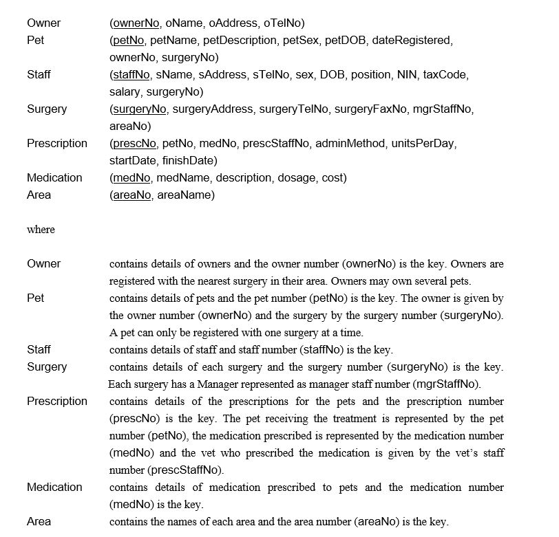 Case Study 4 - Complete Pet Care A company called Complete Pet Care provides private health-care for domestic pets throughout the UK. Complete Pet Care, which currently has over one hundred surgeries and opens a new surgery almost every month, has decided to distribute its operations according to areas of the country (i.e. Scotland, North England, South East England, South West England, Wales and Northern Ireland). The company proposes to distribute staff details to the appropriate areas, however staff payroll details will be processed by the Head Office of Complete Pet Care, which is located in the Scotland.    All primary key fields are physically implemented as integers. -(a) Draw an Entity-Relationship Diagram for the above case study. (b) Using this diagram from (a) above, produce a distributed database design for the system that satisfies the correctness rules for fragmentation and include: (I) a suitable fragmentation schema for the system; (ii) in the case of primary horizontal fragmentation, give a minimal set of predicates; (iii) the reconstruction of global relations from fragments. Give a full explanation of the reasoning behind each step and state any assumptions necessary to support your design.