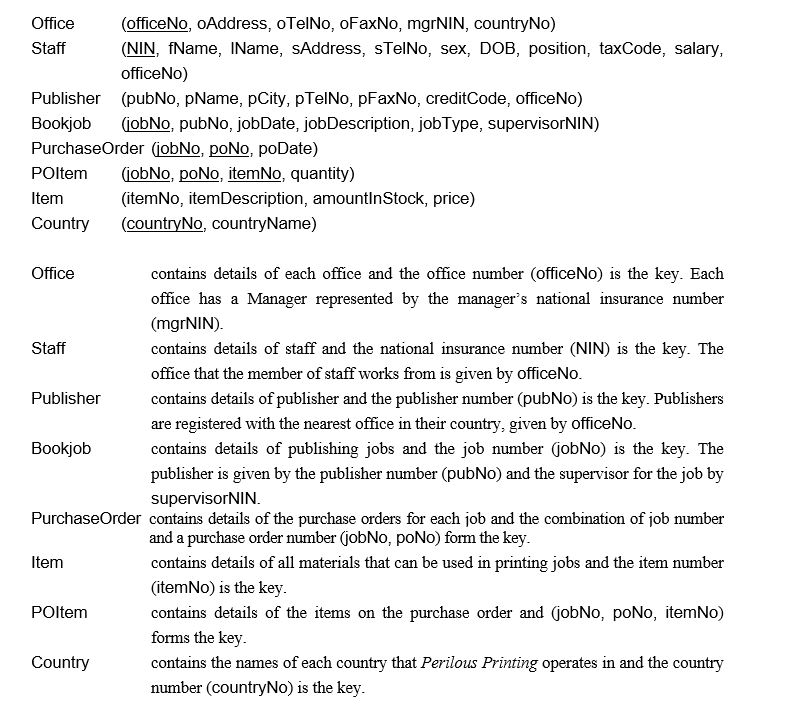  Case Study 6 - Perilous Printing Perilous Printing is a large printing company that does work for book publishers throughout Europe. The company currently has over 50 offices, most of which operate autonomously, apart from salaries, which are paid by the head office in each country. To improve the sharing and communication of data, the company has decided to implement a Distributed DBMS. Perilous Printing jobs consist of printing books or part of books. A printing job requires the use of materials, such as paper and ink, which are assigned to a job via purchase orders. Each printing job may have several purchase orders assigned to it. Likewise, each purchase order may contain several purchase order items.     As well as accessing printing jobs based on the publisher, jobs can also be accessed on the job type (jobType), which can be: 1 - Normal; 2 - Rush. The offices of Perilous Printing are grouped into countries as follows: Country 1: UK  \quad Country 2: France  \quad  Country 3: Germany Country 4: Italy  \quad  Country 5: Spain -(a) Draw an Entity-Relationship Diagram for the above case study. (b) Using this diagram from (a) above, produce a distributed database design for the system that satisfies the correctness rules for fragmentation and include:  (I) a suitable fragmentation schema for the system;  (ii) in the case of primary horizontal fragmentation, give a minimal set of predicates; (iii) the reconstruction of global relations from fragments. Give a full explanation of the reasoning behind each step and state any assumptions necessary to support your design. 