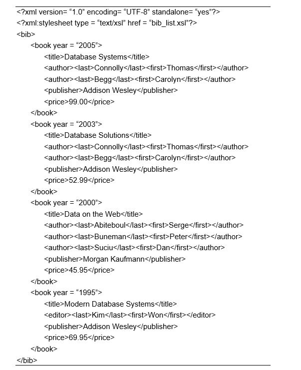 Provide XQuery expressions for the following queries based on the sample XML file (books.xml) below. (a) List the title of the first book. (b) List the titles of all the books along with a count of the number of books. (c) List the title and price of each book published in the year 2003. (d) List the title and numbers of authors of each book. (e) List the titles of books whose price is less than $60. (f) List the titles of books in alphabetical order. (g) List the authors, sorted in reverse order of surname, then first name. (h) List the authors as a single string, sorted in reverse order of surname, then first name. (I) List the titles of books that have at least one author called Thomas Connolly. (j) List the titles of books that have every author called Thomas Connolly. (k) List books by author. (l) Test whether the most expensive book is also the book with the largest number of authors/editors. (m) List the books where Begg is an author but is not listed as the first author. (n) List the titles of books that are more expensive than the average book price.