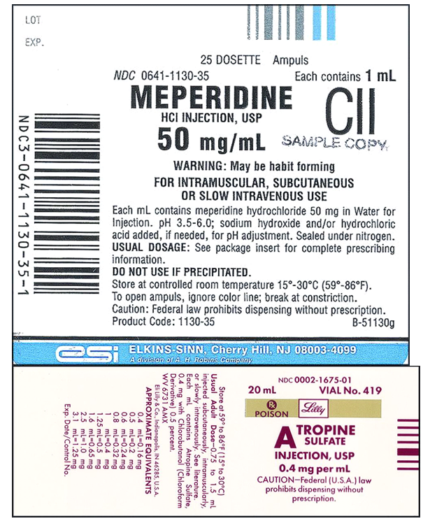 Order: meperidine 30 mg and atropine sulfate 0.3 mg, IM Drugs available:    a. How many milliliters of meperidine would you give? How many milliliters of atropine? b. Explain how the two drugs can be mixed.