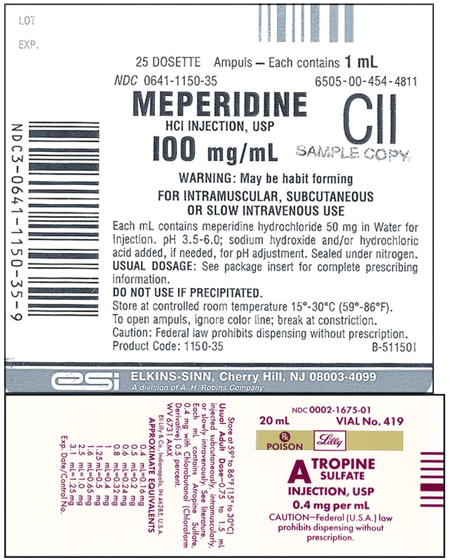 Order: meperidine 70 mg and atropine sulfate 0.6 mg, IM stat Drugs available:    a. How many milliliters of meperidine would you give? How many milliliters of atropine? b. Explain how the two drugs can be mixed.