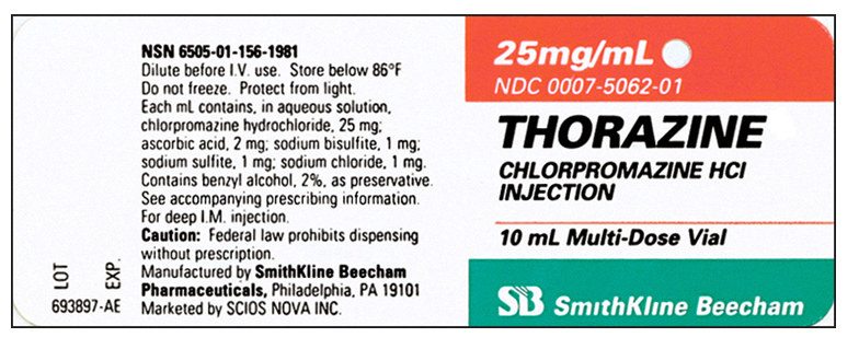 Order: chlorpromazine HCl (Thorazine) 20 mg, deep IM, tid Drug available: How many milliliters of Thorazine would you give per dose?