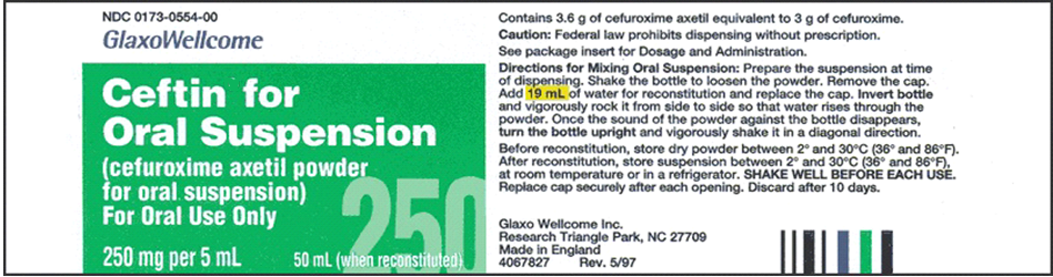 Order: cefuroxime axetil (Ceftin) 350 mg, PO, bid Drug available:    a. How many milligrams should the patient receive per day? b. How many milliliters should the patient receive per dose?