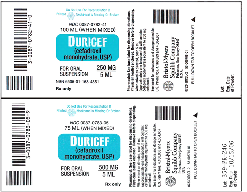 Order: cefadroxil (Duricef) 1 g/day, PO, in two divided doses Drugs available:    a. How many milligrams would the patient receive per dose? b. Which bottle of Duricef would you use? c. How many milliliters would you give per dose?