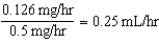 a. 21 kg x 0.1 mcg/kg/min = 2.1 mcg/min b. 2.1 mcg/min x 60 min/hr = 126 mcg/hr = 0.126 mg/hr c. 25 mg : 50 mL = x mL 50x = 25 x = 0.5 mg/1 mL d.   e.   25 mL terbutaline added to 25 mL of D<sub>5</sub>W to make total volume of 50 mL.
