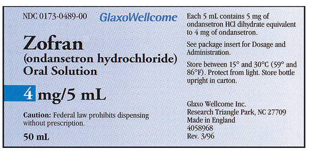 A child 10 years old had surgery; nausea and vomiting has occurred because of narcotics used for pain. , Order: ondansetron (Zofran) 2 mg, po, 30 minutes before narcotic administration, q8h, prn , Drug available:   How many milliliters should the child receive 30 minutes before the administration of the narcotic?
