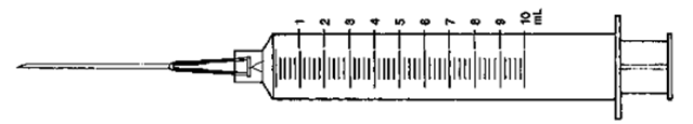 Indicate the requested dose with a line through the calibration on the syringe. -6.4 mL   