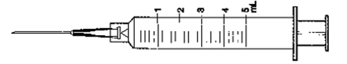 Indicate the requested dose with a line through the calibration on the syringe. -4.4 mL   