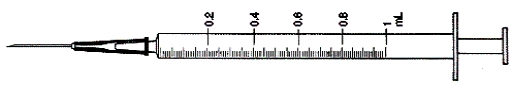 Answer the question and fill in the correct amount of heparin on the syringe. -Ordered: 15,000 units of heparin subcutaneous every 6 hr. Available: Heparin sodium 20,000 units per mL.     How many mL will you give?   