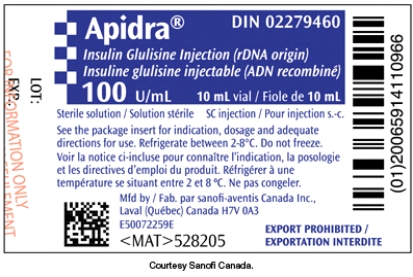 Use the label to fill in the following blanks. Separate your answers with a comma followed by a period.    This is a _____________ (rapid or long)-acting insulin with the total volume of the vial _______ mL and the dosage strength is _______ units per mL.