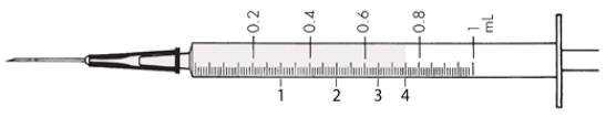 <strong>Refer to the diagram of the syringe provided. The nurse needs to withdraw 0.65 mL of medication into a syringe. The nurse fills the medication to which area on the syringe?  </strong> A) 1 B) 2 C) 3 D) 4 <div style=padding-top: 35px> 