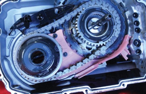 Identify the component of 6T40 transmission shown in the given figure   A)  Transfer chain arrangement B)  Drive and driven sprockets C)  Variable-force solenoid D)  Forward clutch
