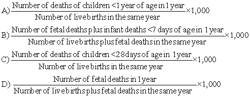 The nurses at a local Women's, Infant's, and Children clinic are compiling a state report for the past year. Which equation should the nurses prioritize to achieve an accurate infant mortality rate?     A)  A B)  B C)  C D)  D