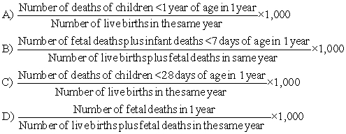 The public health nurse has recently relocated to an underserved area and notes the data are out of date. Which formula will be best for the nurse to utilize to calculate the fetal mortality rate of this community?   A)  A B)  B C)  C D)  D