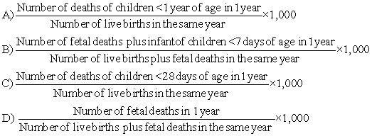 The public health nurse is working with a committee to develop a healthcare clinic for a growing group of refugees. When gathering data to determine the needed statistics, which formula will present the most accurate perinatal morality rate?   A)  A B)  B C)  C D)  D