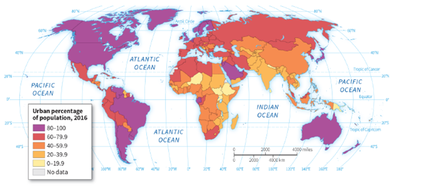   -Which region on the map is the LEAST urbanized? A)  North America B)  Europe C)  South America D)  East Asia