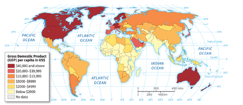   -According to the map, all of the following have GDP per capita over $40,000 per year EXCEPT: A)  Australia B)  Canada C)  western Scandinavia D)  western Europe