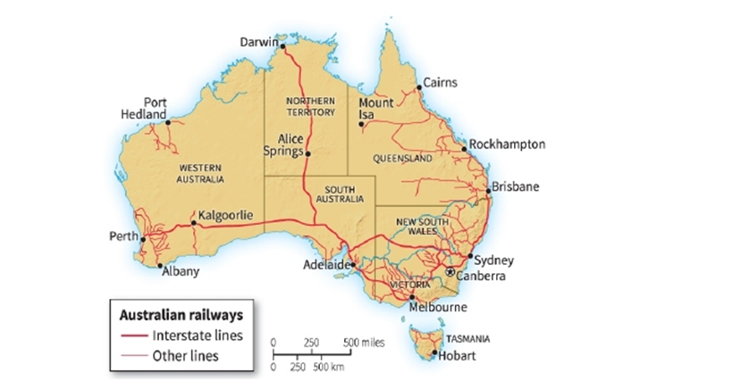   -Which statement concerning the map is NOT true? A)  The road network developed by the nation that colonized Australia emphasized transportation to port cities. B)  The transportation network shown here is representative of a general pattern followed by colonial powers as they extracted resources from their colonies. C)  Australia's railway network has allowed for national standardization of railway components and gauges, thus permitting easy transport of goods among different parts of the country. D)  Like most colonial powers, England chose to develop the port cities of its colonies.