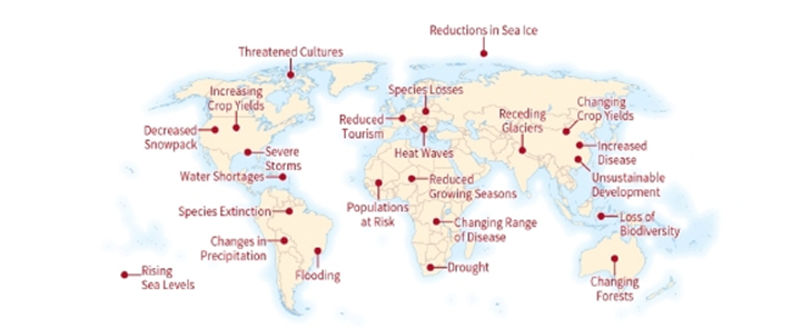   -According to the map, all of the following are the effects of global climate change in Africa EXCEPT: A)  drought B)  reduced growing seasons C)  changing range of disease D)  reduced tourism
