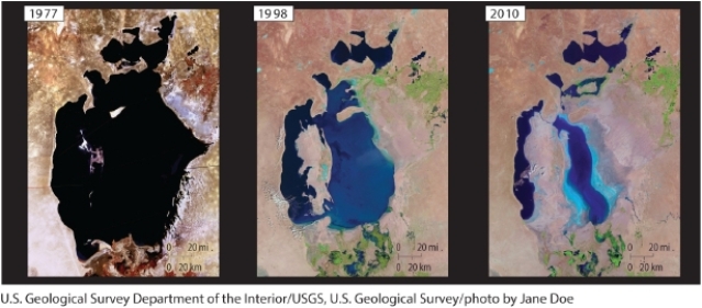   -The shrinking body of water shown here is the: A)  Aral Sea B)  Salton Sea C)  Dead Sea D)  Sea of Galilee