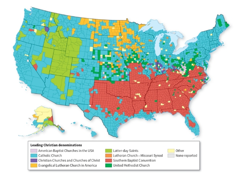   -According to the map, all of the following associations are correct EXCEPT: A)  Southern Baptists in the U.S. Northwest B)  Lutherans in the upper Midwest of the United States C)  Mormons in the U.S. West D)  Roman Catholics in the U.S. Northeast