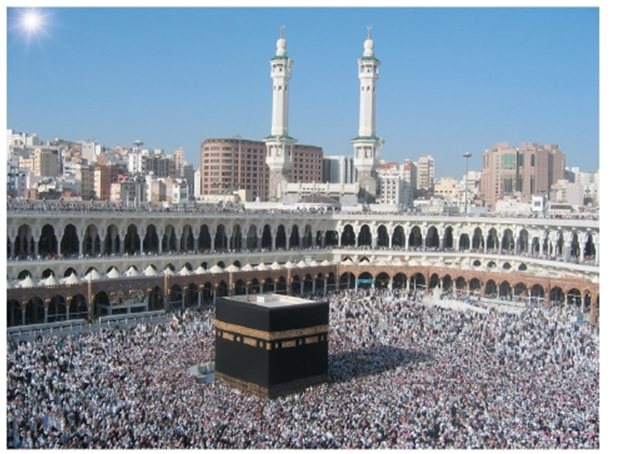   -In which city is the pilgrimage site pictured in this photo? A)  Medina B)  Mecca C)  Lourdes D)  Varanasi
