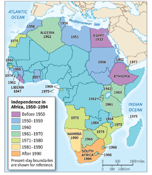   -According to the map, which statement is NOT true? A)  Prior to 1950, there were only three independent countries in Africa. B)  Of the African countries that border the Mediterranean Sea, Algeria was the first to receive its independence from colonial powers. C)  Independence came to the southern part of Africa mostly after 1960. D)  The last country in Africa to be granted independence was South Africa.