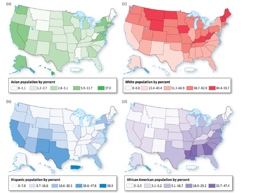   -According to the map, which part of the United States has the heaviest concentration of Hispanics? A)  the Southwest B)  the Midwest C)  the Middle Atlantic D)  New England