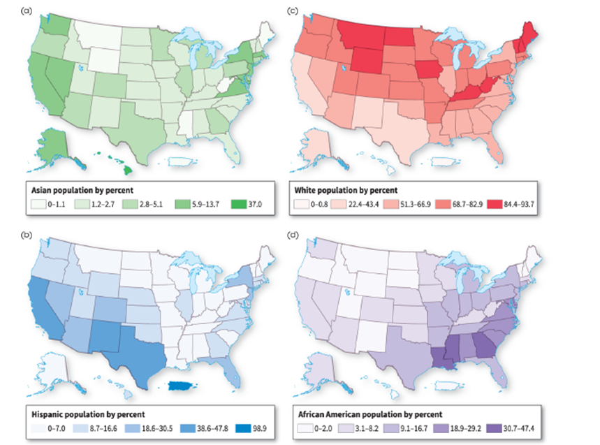   -According to the map, which part of the United States has the heaviest concentration of African Americans? A)  the South B)  the Midwest C)  the Middle Atlantic D)  New England