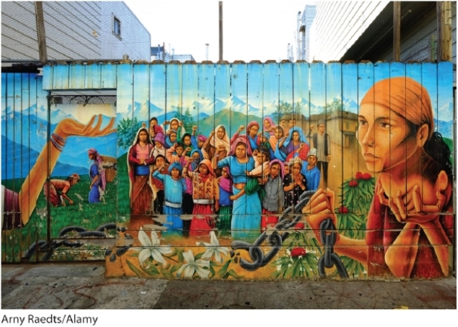   -You would be MOST likely to find a mural like the one shown in the photo in a neighborhood populated by people from: A)  China B)  Latin America C)  Italy D)  Korea