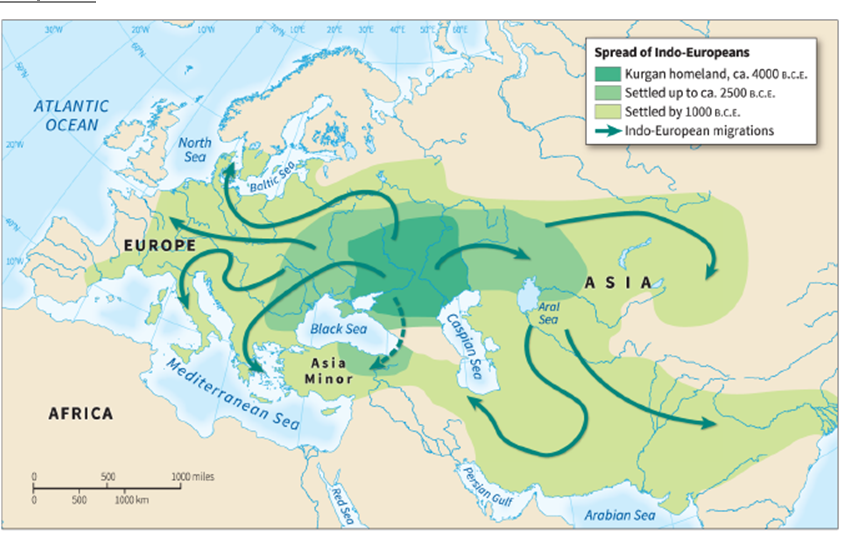   -According to the map shown here, which statement is NOT true? A)  The Kurgan homeland bordered the Black and Caspian seas. B)  Indo-European migrations extended as far as Italy and Spain by 1000 C)  By 1000 B.c. E., Indo-European languages had diffused as far as the northern borders of the Persian Gulf and the Arabian Sea. D)  Indo-European languages gained a foothold in Northern Africa by 1000 B.C.E.