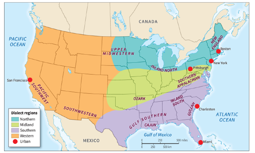   -According to the map, in which of the following U.S. states is the western dialect NOT predominant? A)  Utah B)  Colorado C)  Nevada D)  Louisiana