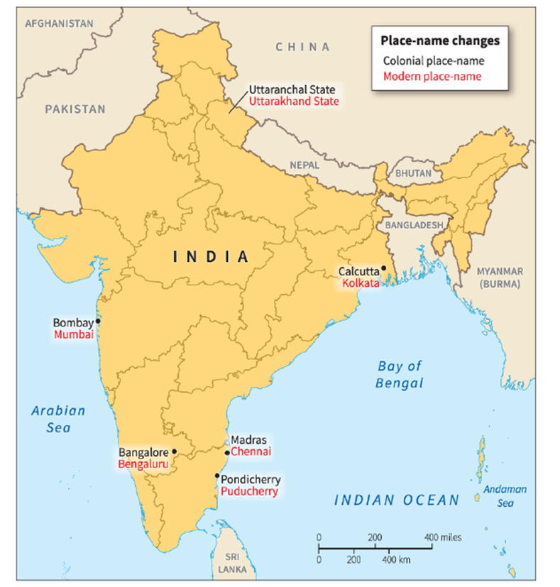  -Based on the map, which Indian city name does NOT reflect the country's postcolonial toponyms shift? A)  Kolkata B)  Bengaluru C)  Bombay D)  Chennai