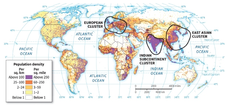   -According to the figure, which area is NOT sparsely populated? A)  the southern section of Europe B)  the desert belt through North Africa and the Arabian peninsula C)  the northern section of North America D)  most of Australia
