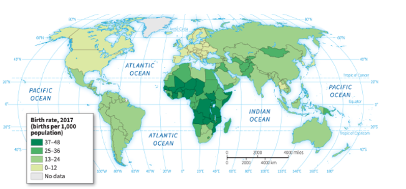   -According to this map, all of the following have low birth rates EXCEPT: A)  Europe B)  North America C)  Sub-Saharan Africa D)  Russia