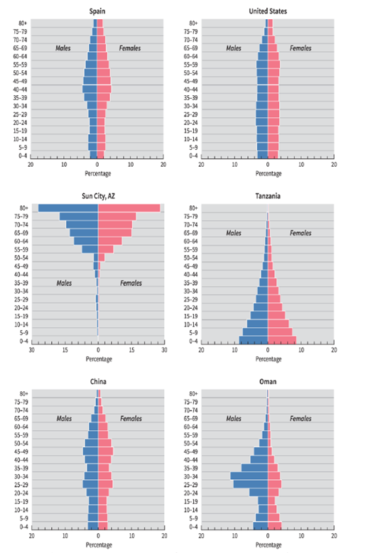   -Which statement is NOT true, according to the image? A)  Tanzania appears to have a high birth rate. B)  China's one-child policy appears to be successful at lowering the number of children in Chinese society. C)  In the United States, women tend to live longer than men. D)  The gender ratio among infants aged 0-4 is wildly out of balance in Tanzania.