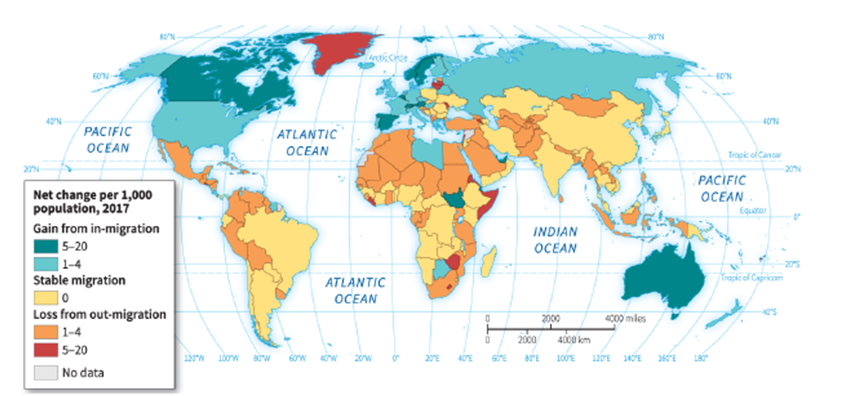   -According to the map, in which of the following countries is migration stable? A)  Canada B)  Russia C)  Brazil D)  Egypt