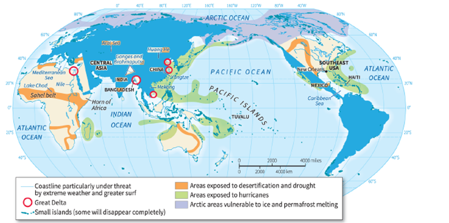   -Based on this map, which statement is NOT accurate? A)  Areas vulnerable to ice and permafrost melting are found only in the Northern Hemisphere. B)  Desertification is a threat both in the Sahel belt and in parts of sub-Saharan Africa. C)  The areas most threatened by hurricanes tend to be found on the coast. D)  Great deltas are found on all of the world's continents.