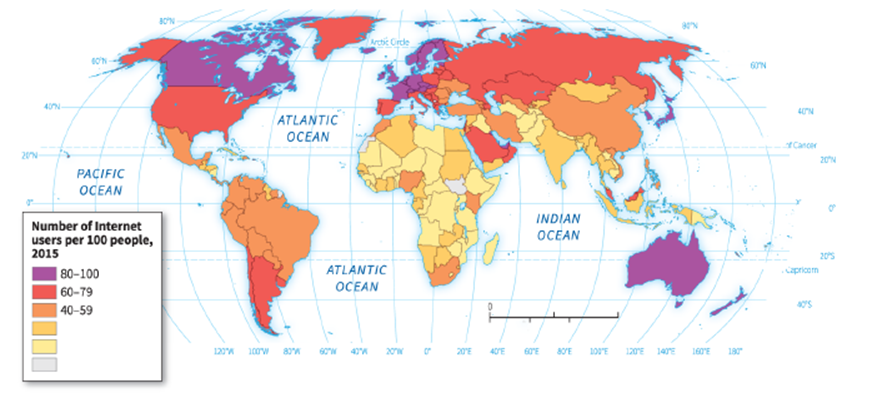   -According to the map, the digital divide is greatest between _____ and _____. A)  Europe; Asia B)  Asia; Australia C)  South America; Russia D)  North America; Africa