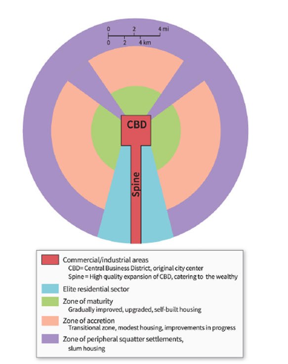   -According to the model shown here, the transitional area between the mature zone and the periphery is found in Sector: A)  spine B)  elite residential sector C)  zone of peripheral squatter settlements D)  zone of accretion