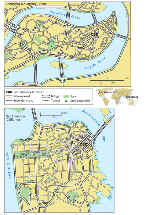   -According to the figure shown here, Chongqing and San Francisco have all of the following characteristics in common EXCEPT: A)  both were developed on elongated, hilly sites B)  both follow a strict gridiron pattern in their streets C)  both are flanked by water on all but one side D)  both were connected in the twentieth century by bridges to adjacent land across the water