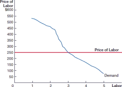 (Figure: Labor in a Competitive Market 0)  In the figure, the going price of labor in the competitive labor market is:    A)  $50. B)  $250. C)  $350. D)  $450.