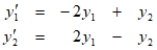 Suppose that two countries are in an arms race modeled by the system of differential equations     where y<sub>1</sub> and y<sub>2</sub> are measured in thousands. Find the solution for the system with initial conditions   , and use it to predict the long-term amounts of arms held by each country.